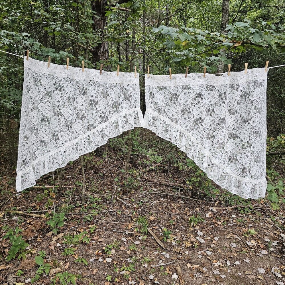 Vintage Creamy White Floral Lace Swag Curtains Ruffled Scalloped Hem T11